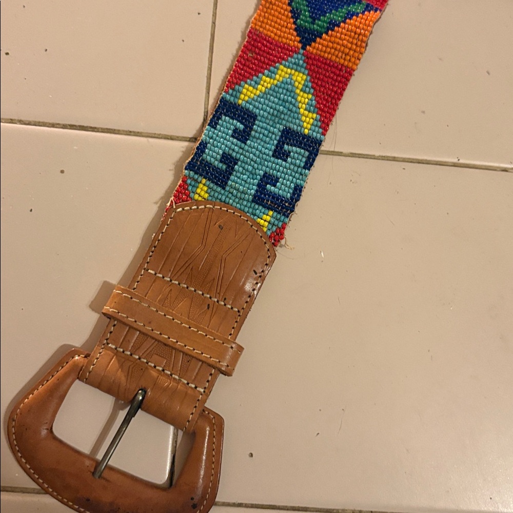 Vintage Southwestern Beaded & Leather Western Belt Sz SMALL*